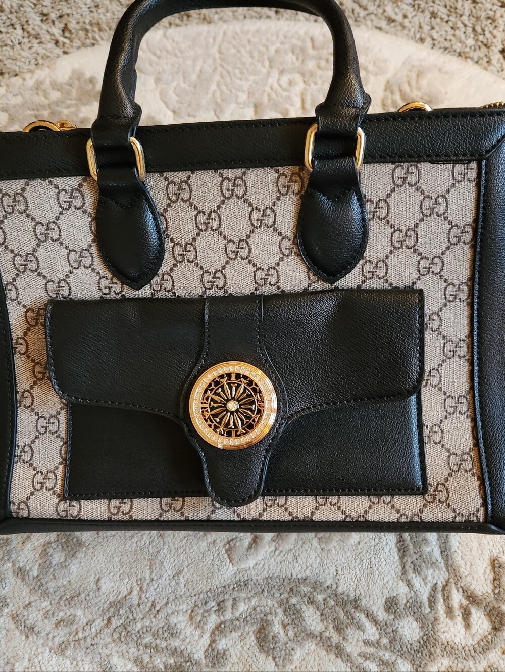 Gucci Black Leather & Beige GG Canvas Satchel with Gold Medallion
